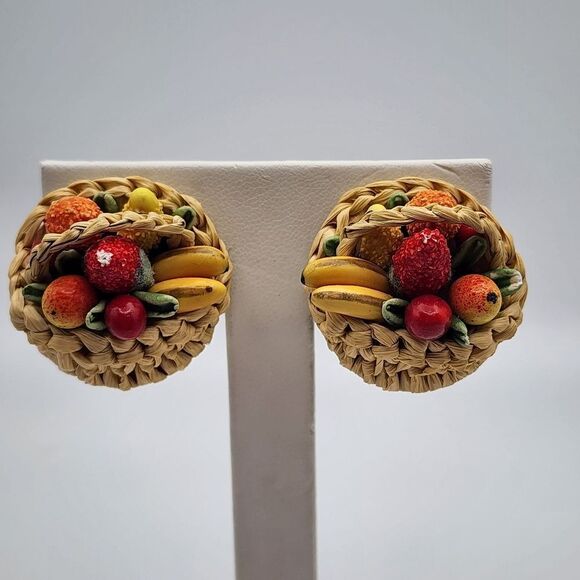 Vintage Western Germany Fruit Basket Clip-On Earrings - Picture 1 of 6